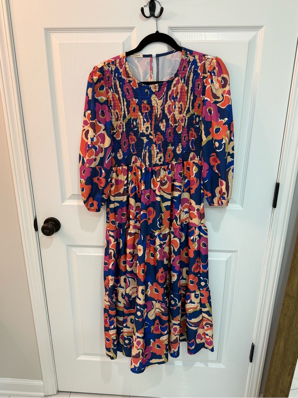 Floral Midi Dress with Smocked Bodice - Blue Multi